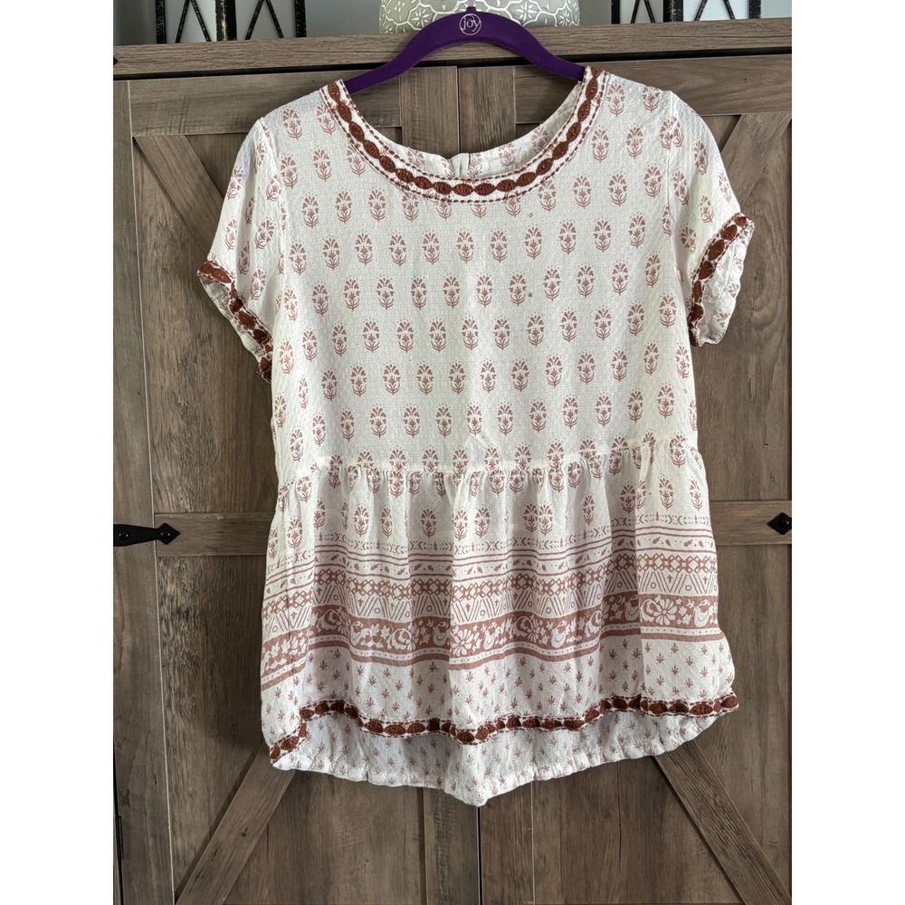 Sigrid Olsen Boho Peplum Top White Rust Brown Block Print Embroidered Small